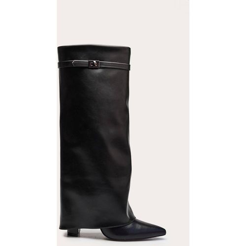 Black Botte Haute À Talon Bloc En Synthétique Mat À Bout Pointu Avec Revers | Taille 33 - PrettyLittleThing - Modalova