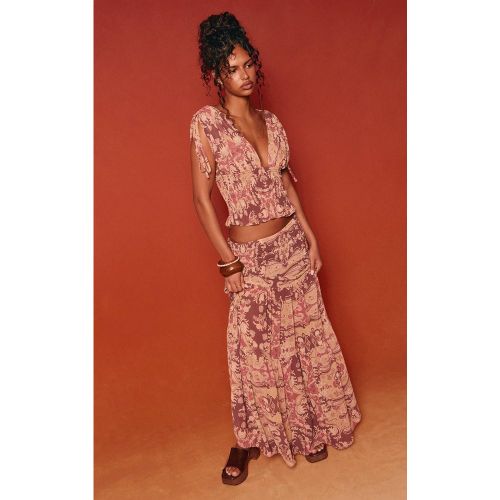 Purple Jupe Longue Coordonnée À Panneau Froncé Imprimé Paisley | Taille 32 - PrettyLittleThing - Modalova