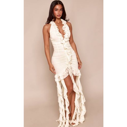 Cream Robe Maxi En Mousseline À Col Licou Avec Détails Volantés Petite | Taille 42 - PrettyLittleThing - Modalova