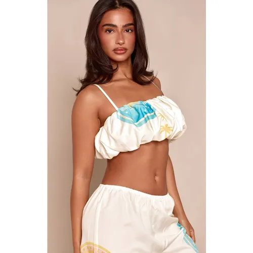 White Ensemble Crop Top Bouffant Froncé À Bretelles Imprimé Petite | Taille 34 - PrettyLittleThing - Modalova