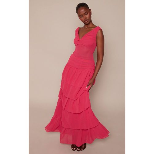 Fuschia Robe Longue À Épaules Dénudées Taille Basse À Volants Étagés | Taille 32 - PrettyLittleThing - Modalova