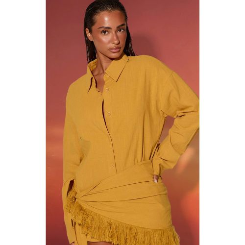Mustard Chemise De Plage À Manches Longues Aspect Lin | Taille XS - PrettyLittleThing - Modalova