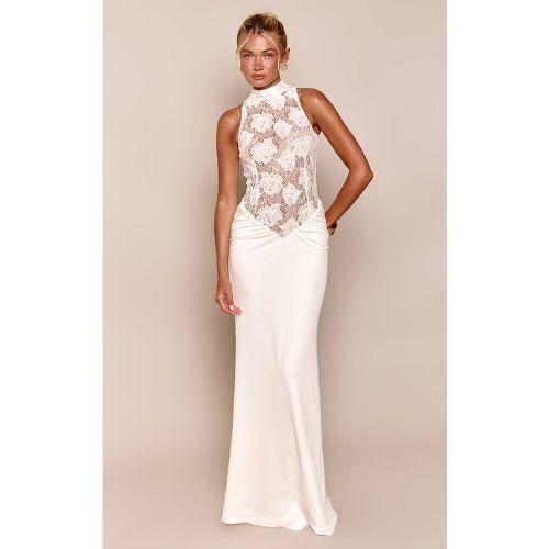 White Robe Longue En Dentelle À Col Montant Sans Manches Avec Contraste | Taille 42 - PrettyLittleThing - Modalova
