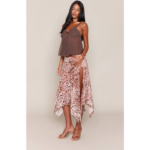 Brown Jupe Longue En Mesh Imprimé Léopard À Ourlet Mouchoir | Taille 44 - PrettyLittleThing - Modalova