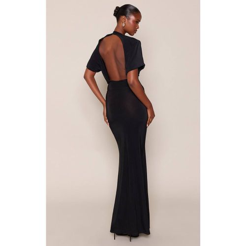 Black Robe Maxi À Manches Courtes En Tissu Slinky Double Couche Avec Dos Ouvert Drapé | Taille 42 - PrettyLittleThing - Modalova