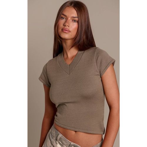 Khaki Haut En Maille Asymétrique À Manches Courtes Et Col V Haut | Taille XS - PrettyLittleThing - Modalova