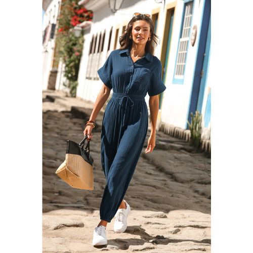 Combinaison pantalon bleue à col chemise et jambe fuselée - CUPSHE - Modalova