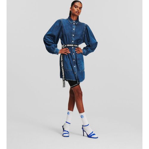 Robe En Jean À Manches Bouffantes Et Ceinture, , BLEU FONCÉ DÉLAVÉ, Taille: L - KL Jeans - Modalova