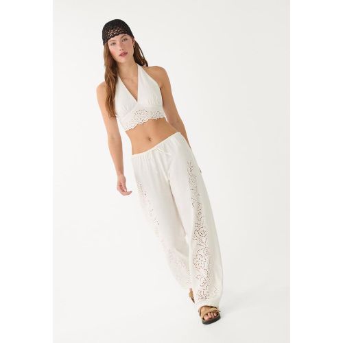 Pantalon fluide brodé avec du lin Écru XS - Stradivarius - Modalova