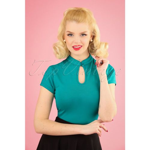 S Mandarin Collar Top in Teal - Banned Retro - Modalova