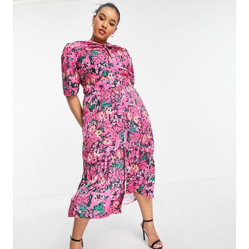 Robe mi-longues à manches bouffantes et imprimé fleuri - fuchsia vif - Hope & Ivy Plus - Modalova