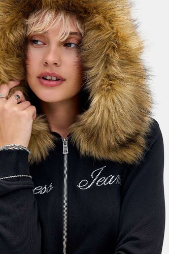 Sweat à capuche zippé Jeans noir avec bordure en fausse fourrure en taille: XS - GUESS - Modalova