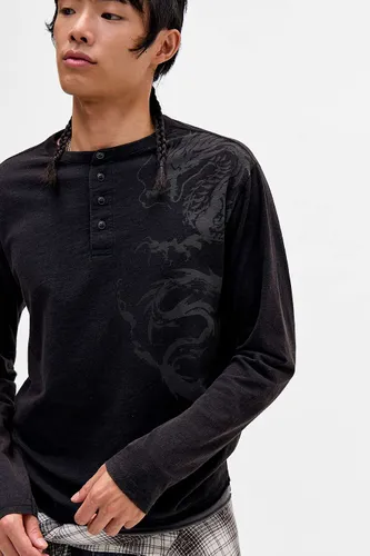 T-shirt Henley à manches longues imprimé dragon noir en taille: Medium - Archivis - Modalova