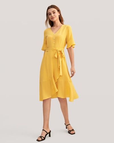 LILYSILK Robe En Soie Allemagne Ruché Encolure V 100% Crêpe De Chine Soie Légère Et Infroissable Gingembre Jaune S - LILYSILK - Modalova