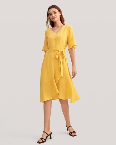 LILYSILK Robe En Soie Allemagne Ruché Encolure V 100% Crêpe De Chine Soie Légère Et Infroissable Gingembre Jaune S - LILYSILK - Modalova