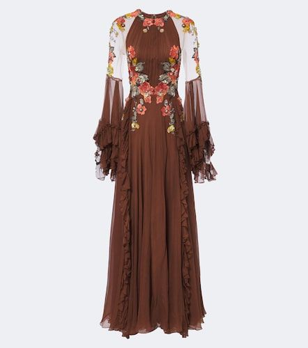 Robe longue en soie à broderies et appliqués floraux - Costarellos - Modalova