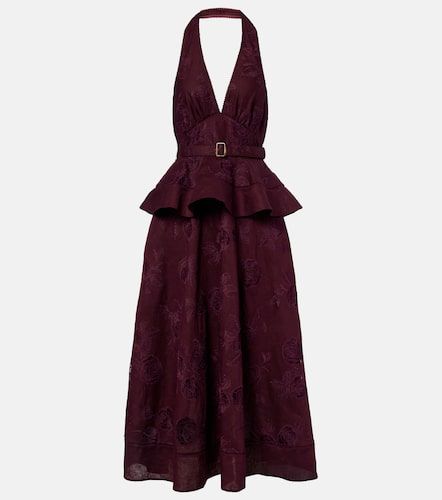 Robe midi péplum en coton et lin - Self-Portrait - Modalova