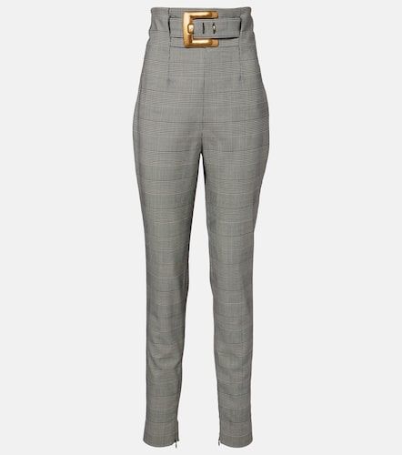Pantalon ajusté à carreaux en laine mélangée - Balmain - Modalova