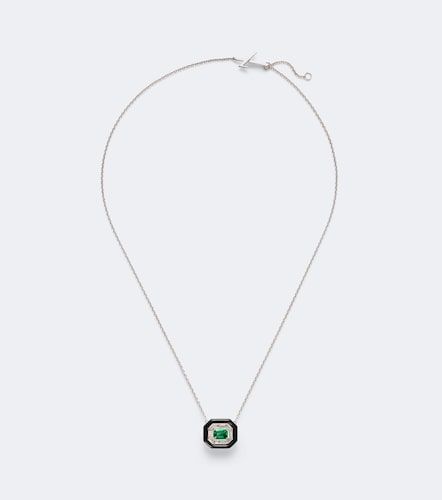 Collier Oui en or blanc 18 ct, émail noir, émeraudes et diamants - Nikos Koulis - Modalova
