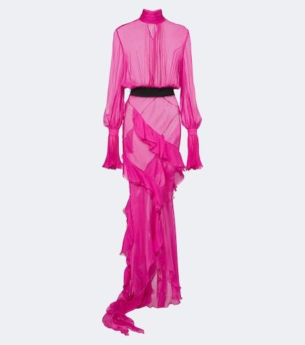 Robe longue en soie à volants - Roberto Cavalli - Modalova