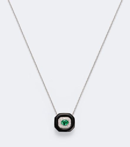 Collier Oui en or blanc 18 ct et émail noir, émeraudes et diamants - Nikos Koulis - Modalova