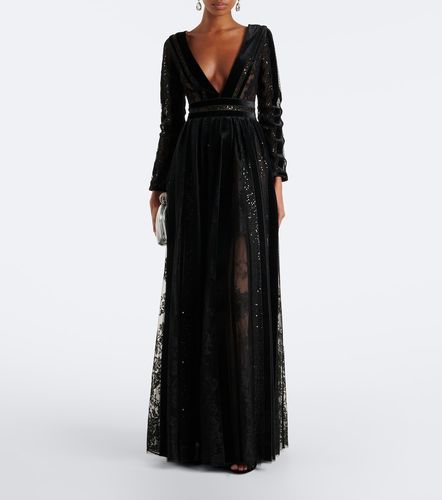 Robe longue Malena en dentelle et velours - Costarellos - Modalova