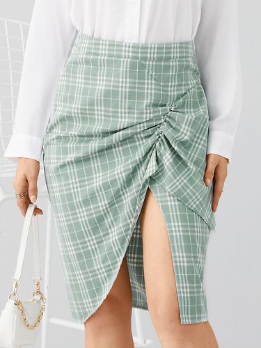 Check Print Folds Zip Irregular Hem Skirt For Women - Newchic - Modalova