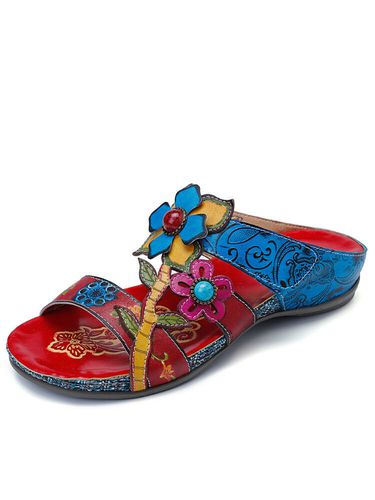 Bohême en cuir véritable épissage peint à la main floral boucle de crochet réglable Soft sandales - Socofy - Modalova