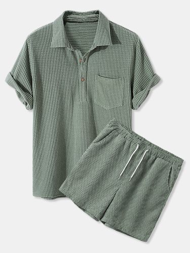 Mens Waffle Solid Color Half Open Collar Drawstring Short Sleeve Shirts&Shorts Loungewear - ChArmkpR - Modalova