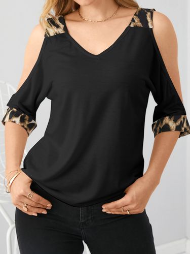 Leopard Patchwork Cold Shoulder Half Sleeves T-shirt - Newchic - Modalova