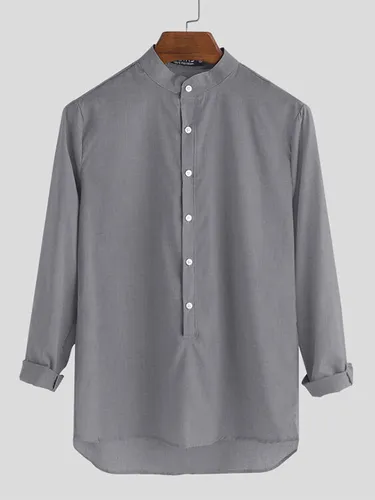Chemises Henley à manches longues demi-ouvertes de couleur unies de style chinois - INCERUN - Modalova