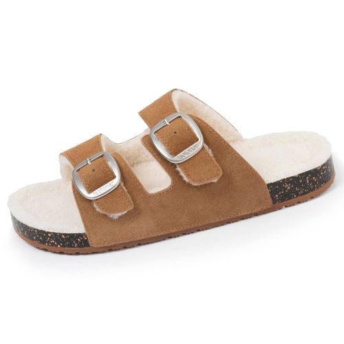Chaussons Mules Ouvertes Ultra Confortables, En Cuir Camel - Isotoner - Modalova