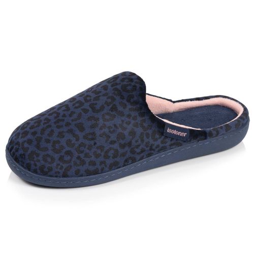 Chaussons Mules Microvelours Semelle Ergonomique, Mousse À Mémoire Forme Léopard Marine - Isotoner - Modalova