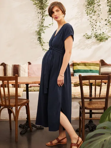 Robe longue grossesse effet cache-coeur en gaze de coton marine - Envie De Fraise - Modalova