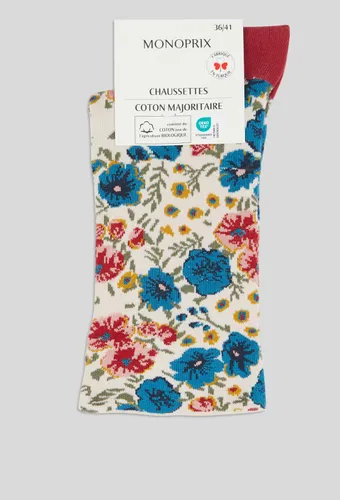 Paire de chaussettes fantaisie à motifs fleurs en coton - MONOPRIX FEMME - Modalova