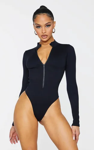Black Body Côtelé Moulant À Manches Longues Avec Zip Contrasté | Taille XS - PrettyLittleThing - Modalova
