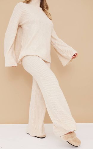 Oatmeal Pantalon Large En Maille Côtelée Luxe | Taille XS - PrettyLittleThing - Modalova
