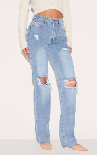 Jean Droit Taille Haute Déchiré Extra Long Délavage Clairs Grandes Tailles | Taille 42 - PrettyLittleThing - Modalova