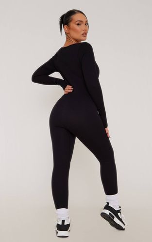 Black Combinaison Côtelée Moulante À Encolure Carrée Et Manches Longues | Taille XS - PrettyLittleThing - Modalova
