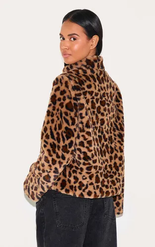 Brown Veste Polaire À Imprimé Léopard Avec Fermeture Éclair | Taille 32 - PrettyLittleThing - Modalova