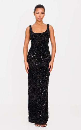 Black Robe Longue En Velours À Sequins Avec Dos Échancré | Taille 32 - PrettyLittleThing - Modalova