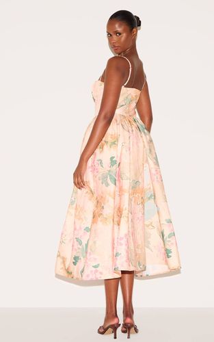 Pink Robe Mi-longue À Bretelles Avec Bustier Froncé À Corset Et Imprimé Floral Abstrait | Taille 42 - PrettyLittleThing - Modalova