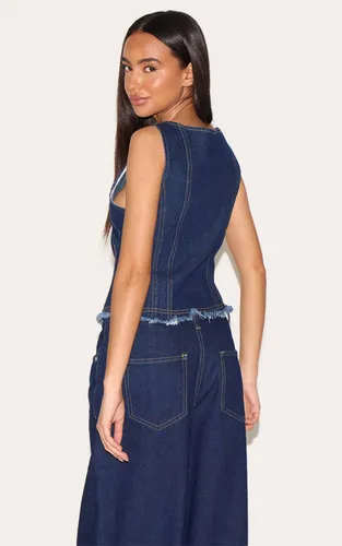 Indigo Gilet Long Ajusté Sans Manches En Denim Petite | Taille 32 - PrettyLittleThing - Modalova