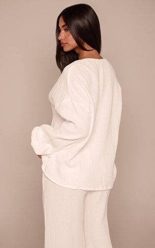 White Chemise Petite À Texture Gaze De Coton Avec Nœud Devant Coordonné | Taille 30 - PrettyLittleThing - Modalova