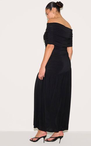 Black Robe Longue Grande Taille À Double Couche Slinky Bardot Froncée | Taille 44 - PrettyLittleThing - Modalova