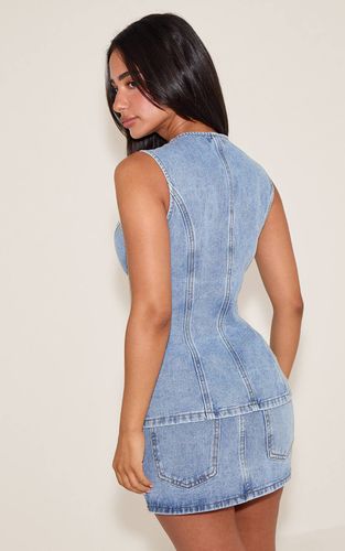 Haut Débardeur En Denim Avec Détails Contrastés Petite | Taille 42 - PrettyLittleThing - Modalova