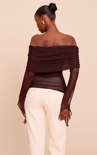 Haut En Mesh À Détail De Manches Extrêmes Et Col Drapé | Taille 32 - PrettyLittleThing - Modalova