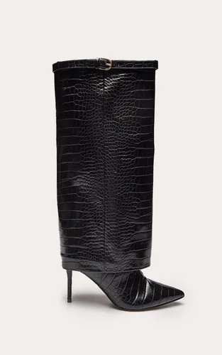 Black Croc Botte Haute À Talon Effet Synthétique Avec Revers | Taille 33 - PrettyLittleThing - Modalova