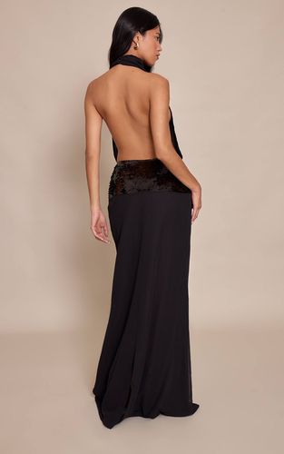Black Robe Longue En Mousseline À Col Montant Drapé Avec Panneau À Sequins | Taille 32 - PrettyLittleThing - Modalova