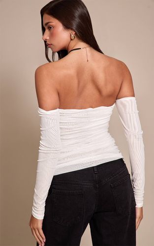 White Bardot À Manches Longues En Double Couche De Mesh Avec Détails Froncés | Taille 42 - PrettyLittleThing - Modalova
